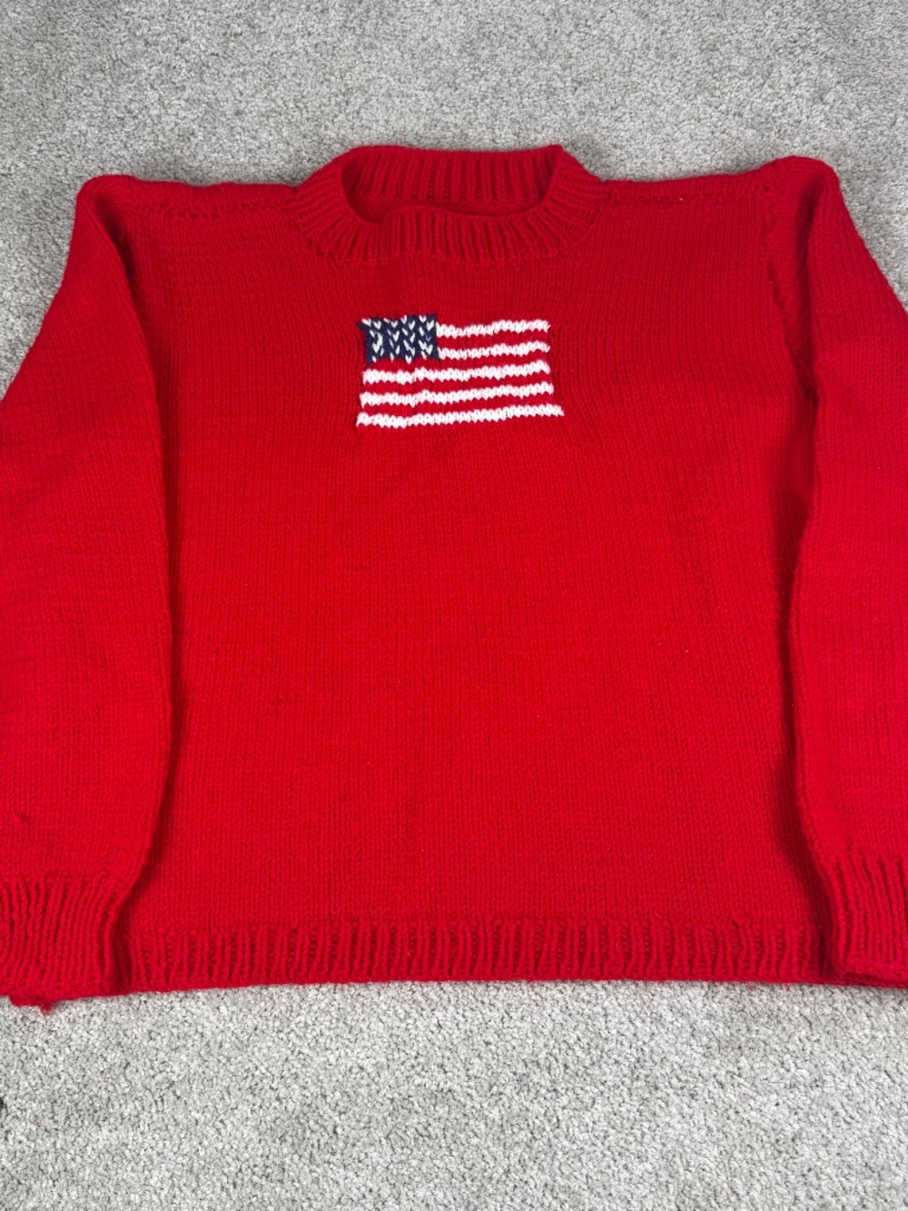 Homemade Handknit Sweater Red American Flag USA Crewneck Women's Medium